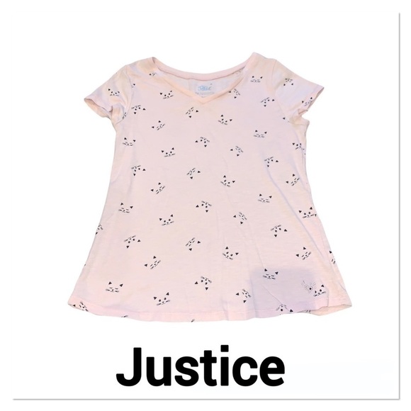 JUSTICE Pink Cat Print V Neck T-shirt size 14 - Picture 1 of 5